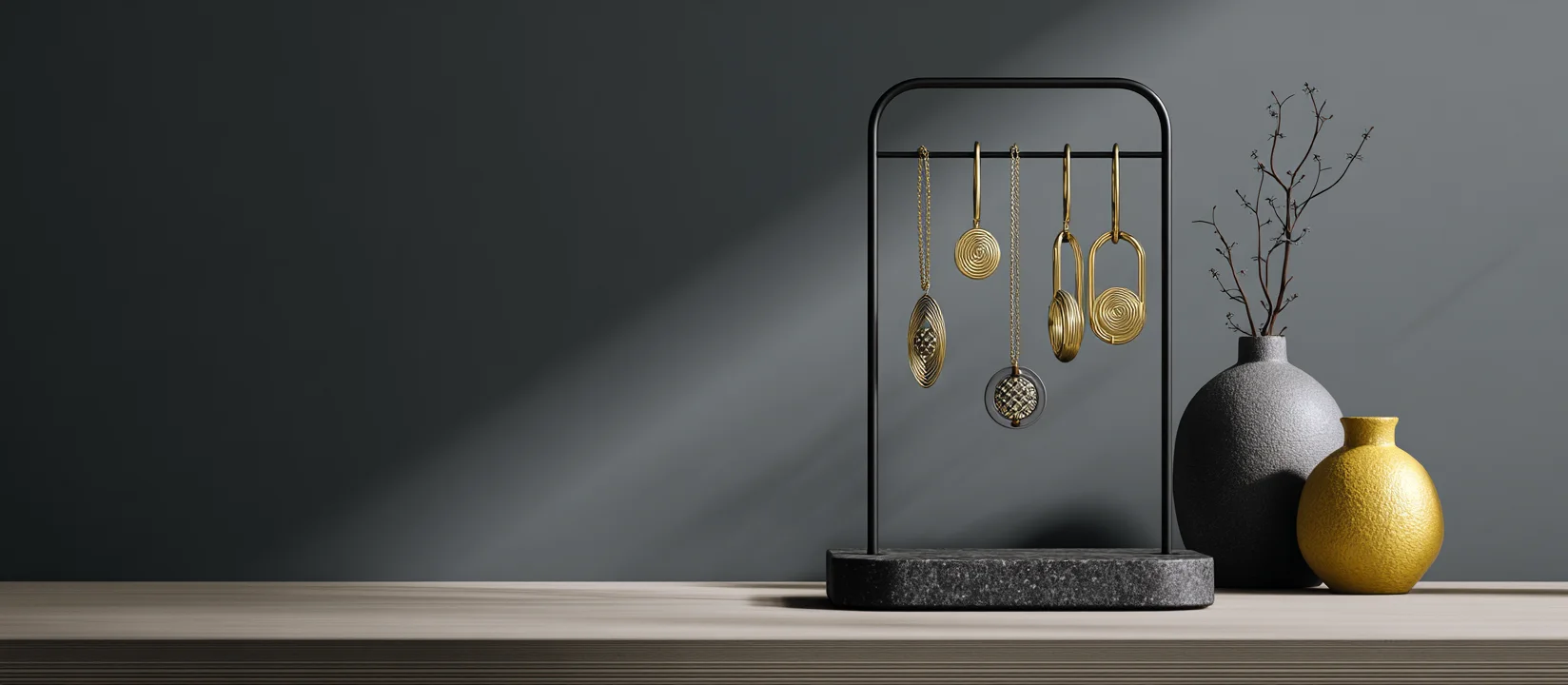 This modern, minimalist earring display holder features a tiered design for efficient organization and clear display.